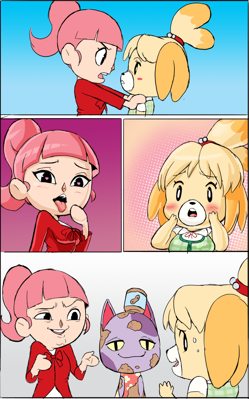 teevo, bob (animal crossing), isabelle (animal crossing), villager (animal crossing), animal crossing, nintendo, 4koma, blush, comic, dog girl, dress, hands on own face, heart, heart-shaped pupils, peanut butter, pink hair, sweatdrop, symbol-shaped pupils, tongue