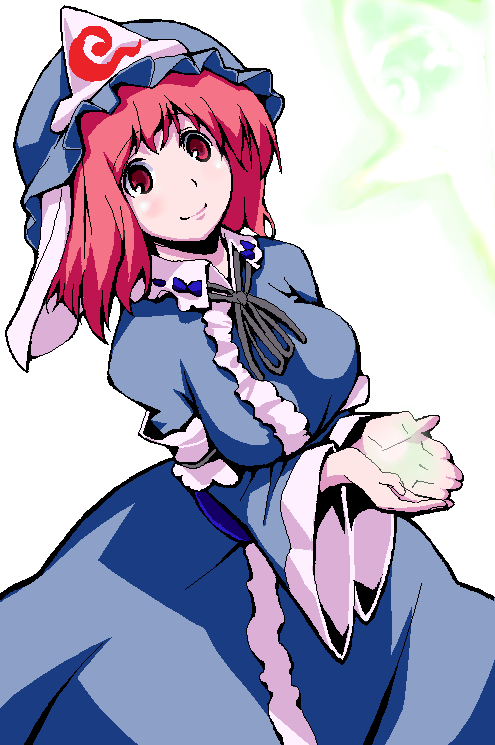 amami amayu, saigyouji yuyuko, touhou, 1girl, blush, breasts, cupping hands, dress, female focus, hat, jaggy lines, japanese clothes, large breasts, looking at viewer, looking up, matching hair/eyes, mob cap, oekaki, outstretched hand, own hands together, red eyes, red hair, short hair, simple background, smile, solo, triangular headpiece