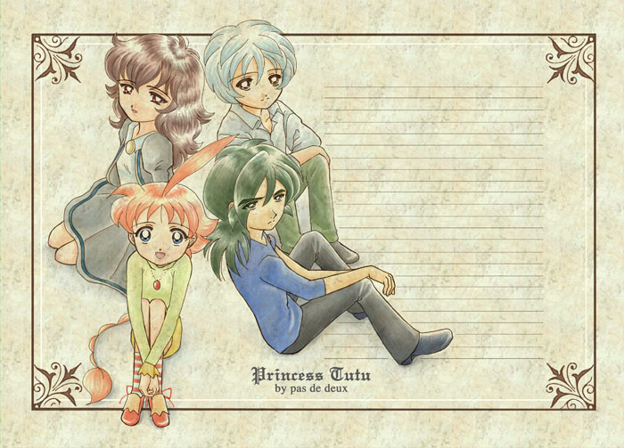 horikiri akio, ahiru (princess tutu), fakir (princess tutu), mytho (princess tutu), mythos, rue (princess tutu), princess tutu, silver hair, 00s, 2boys, 2girls, ahoge, black hair, blue eyes, copyright name, green hair, multiple boys, multiple girls, orange hair, school uniform