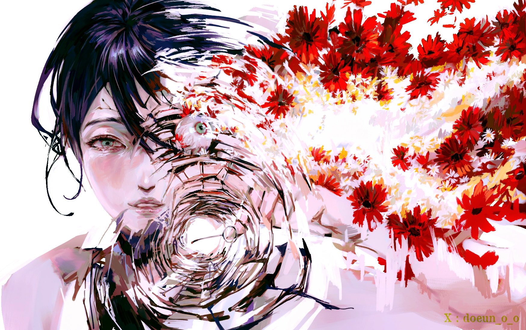 reze (chainsaw man), chainsaw man, highres, 1girl, black hair, doeun o o, eyeball, flower, green eyes, grenade pin, hair between eyes, looking at viewer, parted lips, red flower, solo, white background