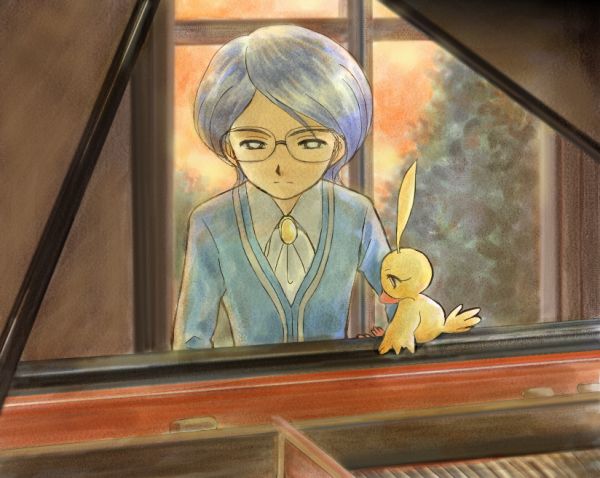 horikiri akio, ahiru (duck) (princess tutu), ahiru (princess tutu), aotoa, autor (princess tutu), princess tutu, 00s, ahoge, bird, blue hair, duck, glasses, grand piano, instrument, male focus, piano, school uniform