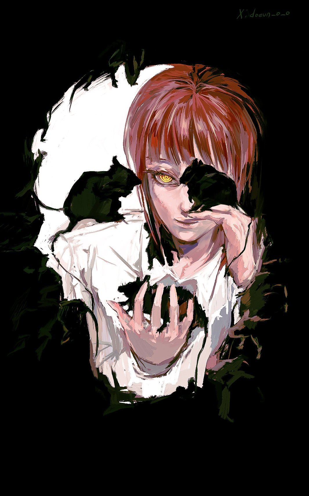 makima (chainsaw man), chainsaw man, highres, 1girl, closed mouth, collared shirt, doeun o o, looking at viewer, mouse (animal), mouse on hand, mouse on shoulder, red hair, ringed eyes, shirt, skull, solo, white shirt, yellow eyes