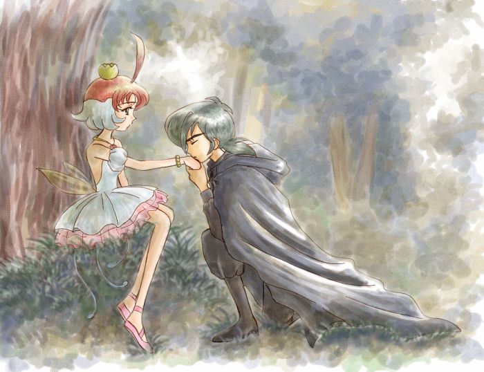 horikiri akio, ahiru (princess tutu), fakir (princess tutu), princess tutu (character), princess tutu, 00s, ahoge, ballerina, ballet slippers, cape, closed eyes, green hair, kiss, kissing hand, multicolored hair, tutu, two-tone hair