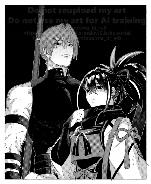 kamuinii, harada sanosuke (fate), kawakami gensai (fate), fate/grand order, fate (series), 1boy, 1girl, black hair, black scarf, greyscale, holding, holding polearm, holding weapon, kawakami gensai (first ascension) (fate), long hair, looking at viewer, monochrome, polearm, ponytail, scarf, short hair, watermark, weapon, white hair