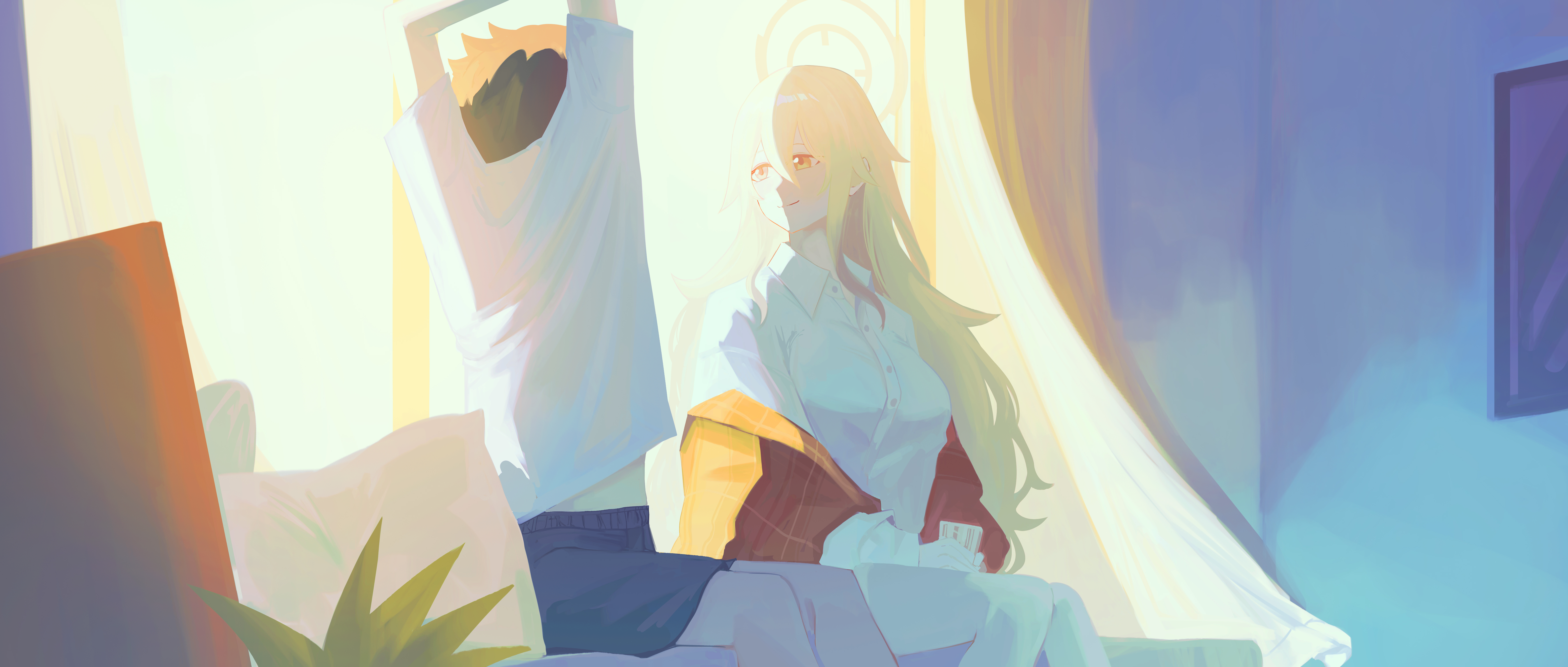 okuta rimu, akane (blue archive), sensei (blue archive), blue archive, absurdres, commentary, commentary request, english commentary, highres, mixed-language commentary, 1boy, 1girl, blonde hair, breasts, brown scarf, closed mouth, curtains, dress shirt, glasses, halo, indoors, large breasts, long hair, looking at another, morning, pillow, scarf, shirt, smile, stretching, sunlight, white shirt, window, yellow halo