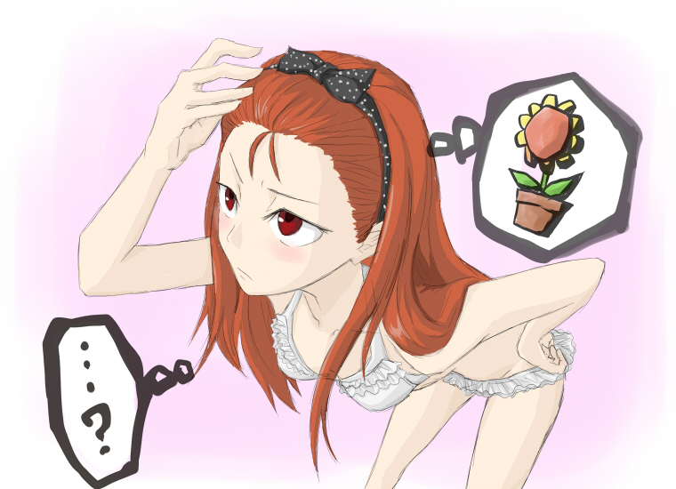 amayasan, minase iori, idolmaster, idolmaster (classic), idolmaster 1, bad id, bad perspective, bad pixiv id, …, 00s, 1girl, arm up, bare shoulders, bent over, black bow, black hairband, blush, bow, bra, breasts, closed mouth, collarbone, expressionless, female focus, flower, grey bra, grey panties, hair bow, hairband, hand on own hip, long hair, orange hair, panties, pink background, plant, potted plant, red eyes, simple background, small breasts, solo, speech bubble, standing, sunflower, thought bubble, underwear, underwear only