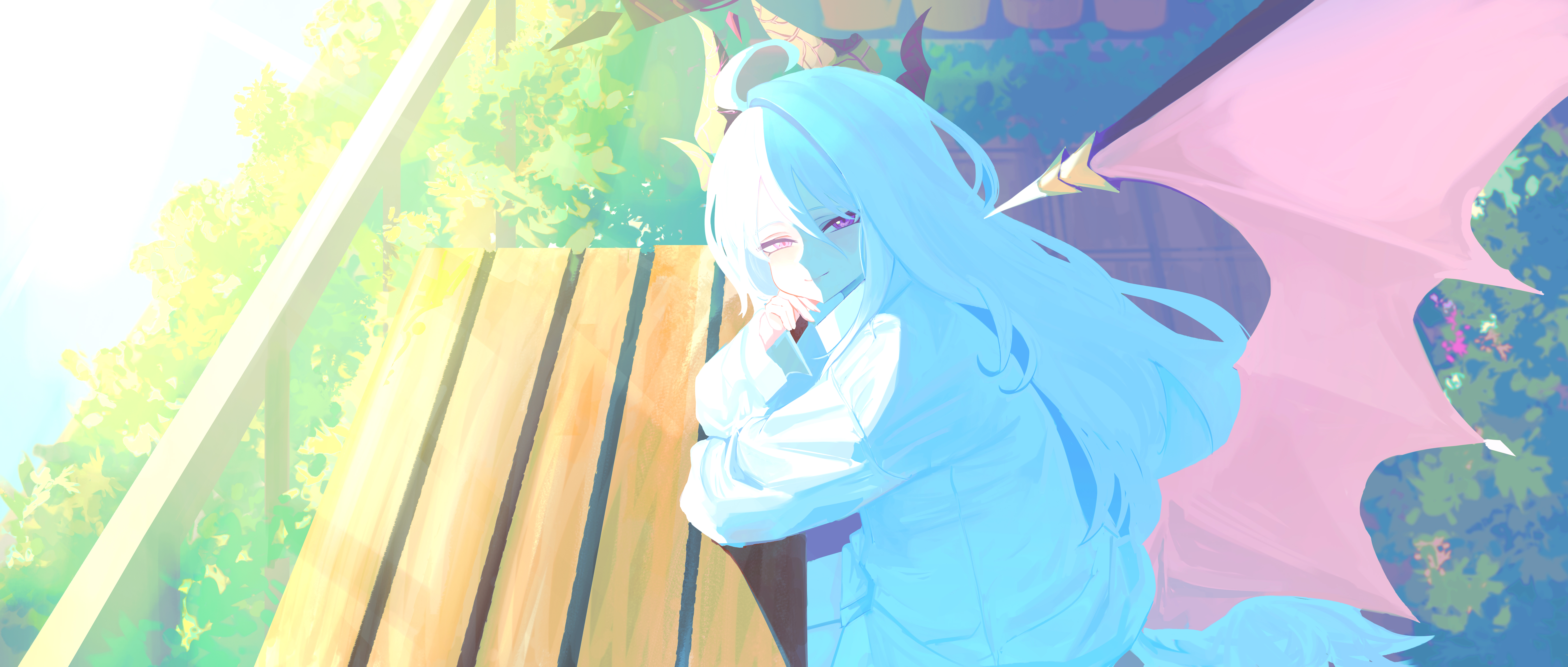 okuta rimu, hina (blue archive), blue archive, absurdres, commentary, commentary request, english commentary, highres, mixed-language commentary, 1girl, ahoge, arms on table, black halo, black horns, closed mouth, demon girl, demon horns, demon wings, dress shirt, halo, head on hand, horns, long hair, looking at viewer, looking to the side, low wings, morning, multiple horns, purple eyes, purple wings, railing, shirt, smile, solo, sunlight, white hair, white shirt, wings
