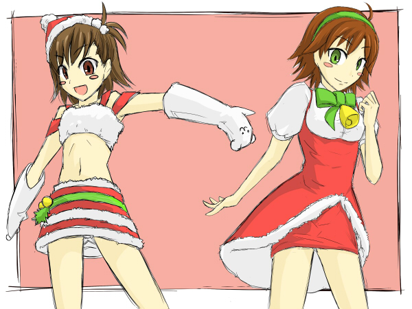 amayasan, awakened miki, futami mami, hoshii miki, idolmaster, idolmaster (classic), bad id, bad pixiv id, 00s, 2girls, :d, bell, blush, brown eyes, brown hair, dress, green eyes, looking at viewer, looking back, midriff, multiple girls, navel, open mouth, puffy short sleeves, puffy sleeves, red dress, santa costume, short sleeves, smile, stomach, tareme