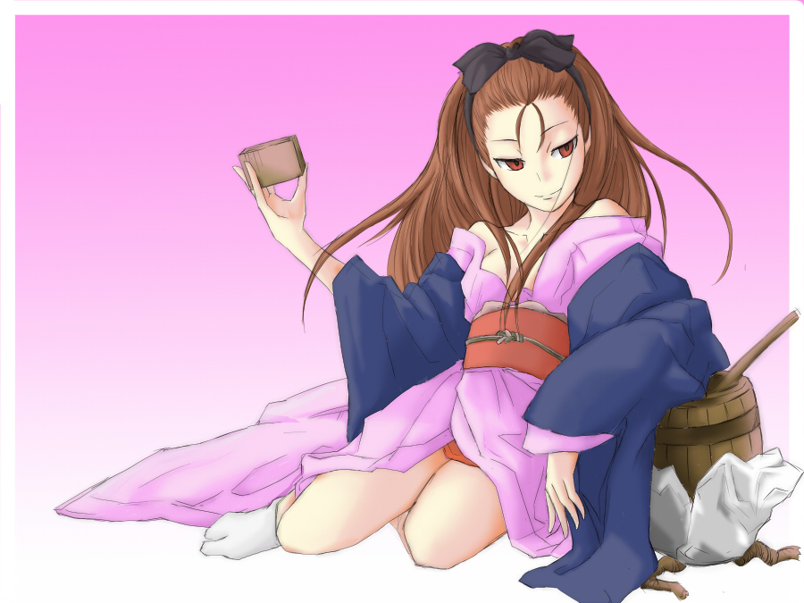 amayasan, minase iori, idolmaster, idolmaster (classic), idolmaster 1, bad id, bad pixiv id, 00s, 1girl, barrel, bow, female focus, hair bow, japanese clothes, kimono, masu, solo, tabi
