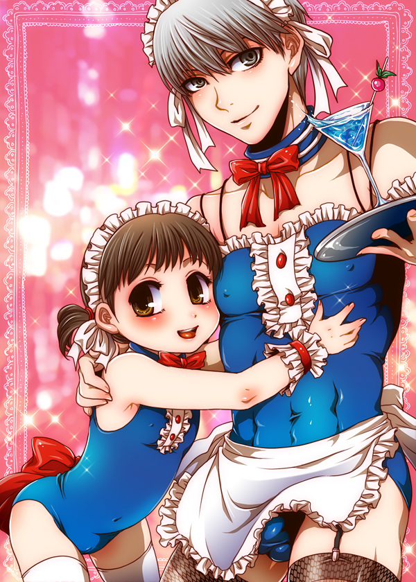 kida sukizou, lilysick, doujima nanako, narukami yu, atlus, persona, persona 4, silver hair, source request, 1boy, 1girl, abs, apron, blush, bow, brown eyes, brown hair, bulge, cameltoe, cherry, choker, covered erect nipples, creepy, crossdressing, drink, flat chest, food, frills, fruit, garter belt, grey eyes, hairband, horror (theme), hug, loli, maid, maid apron, muscular, one-piece swimsuit, ribbon, short hair, smile, swimsuit, thighhighs, trap, tray