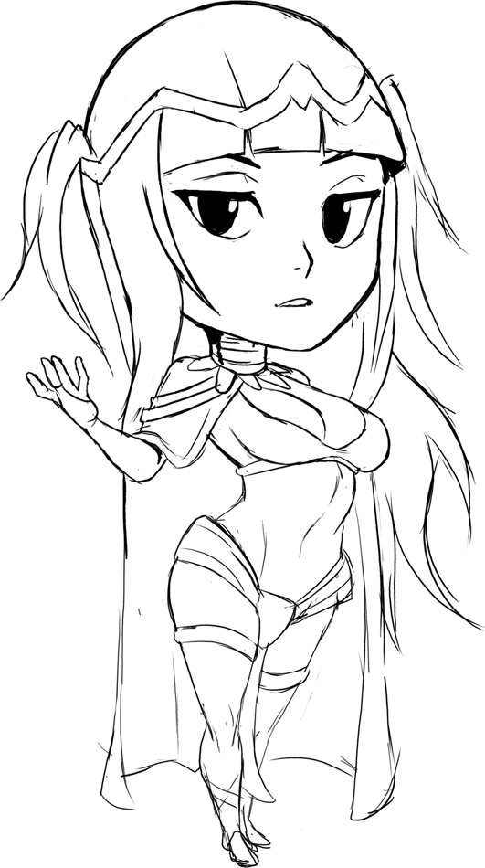 teevo, tharja (fire emblem), fire emblem, fire emblem awakening, nintendo, bodystocking, breasts, cape, chibi, circlet, cleavage, cleft of venus, large breasts, looking at viewer, navel, sketch, straight bangs, straight hair
