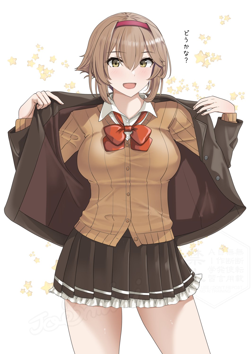 jouzaburou (joe3), mutsu (kancolle), suzuya (kancolle), suzuya kai ni (kancolle), kantai collection, commentary request, highres, translated, 1girl, blush, bow, bowtie, breasts, brown hair, brown jacket, brown skirt, brown thighhighs, cardigan, cosplay, flashing, green eyes, hairband, jacket, large breasts, long sleeves, looking at viewer, open mouth, pleated skirt, school uniform, shirt, short hair, skirt, smile, solo, star (symbol), suzuya (kancolle) (cosplay), teasing, thighhighs, white background, white shirt