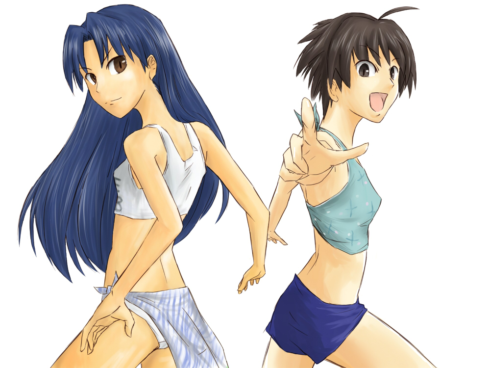 amayasan, kikuchi makoto, kisaragi chihaya, idolmaster, idolmaster (classic), idolmaster 1, bad id, bad pixiv id, 00s, 2girls, ahoge, antenna hair, ass, bare shoulders, blue hair, brown hair, cowboy shot, long hair, looking at viewer, midriff, multiple girls, navel, short shorts, shorts, simple background, stomach, tank top, very long hair, white background