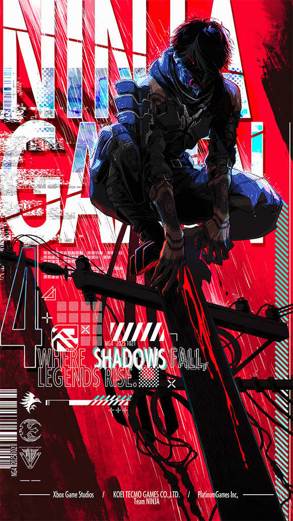 nishii tomoko, ninja gaiden, ninja gaiden 4, 1boy, arm tattoo, armor, bare shoulders, belt, black armor, black hair, black pants, black scarf, blood, cable, fangs, hand tattoo, kneeling, looking at viewer, male focus, mask, mouth mask, multicolored hair, ninja, pants, rain, red eyes, scarf, short hair, shoulder armor, shoulder plates, solo, tattoo, text background, white hair, yakumo (ninja gaiden)
