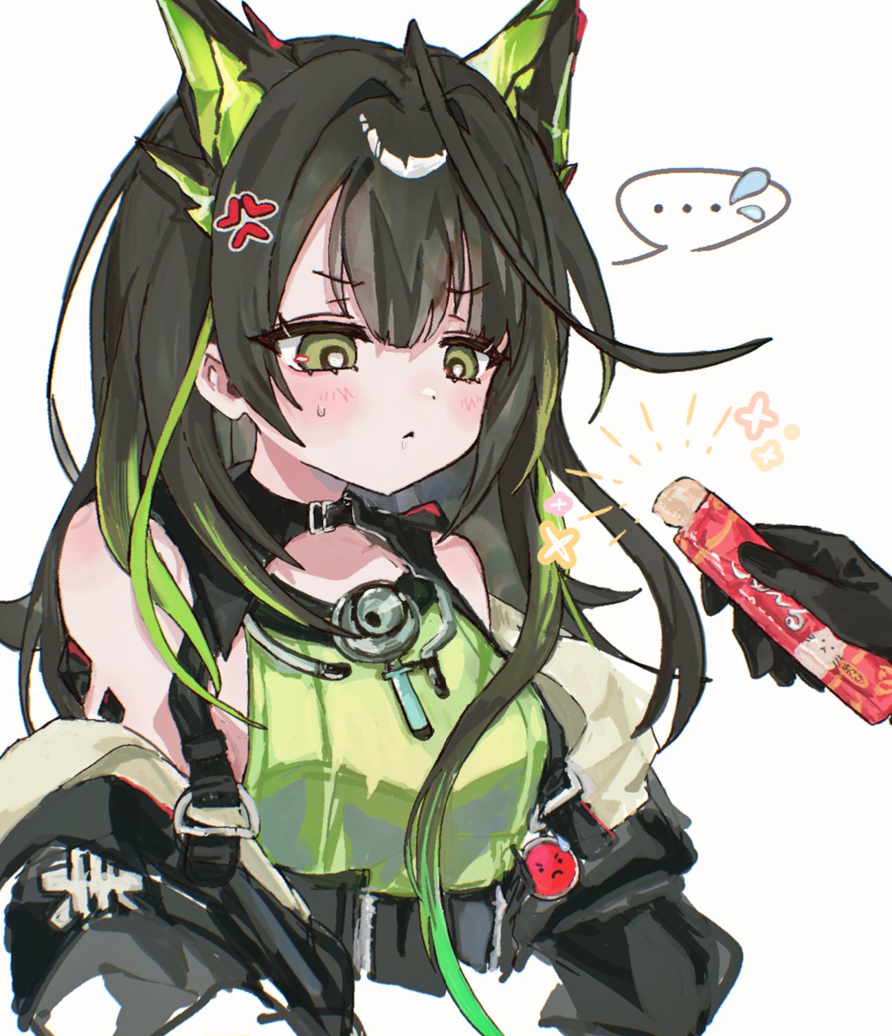 morita (pixiv31883607), mon3tr (arknights), arknights, highres, …, 1girl, 1other, anger vein, animal ears, bare shoulders, black choker, black collar, black gloves, black hair, black jacket, blush, breasts, candy, cat ears, choker, closed mouth, collar, cropped torso, flying sweatdrops, food, gloves, green eyes, green hair, green shirt, holding, holding food, jacket, long hair, material growth, multicolored hair, off shoulder, open clothes, open jacket, oripathy lesion (arknights), shirt, simple background, sleeveless, sleeveless shirt, solo focus, spoken ellipsis, streaked hair, sweatdrop, upper body, white background
