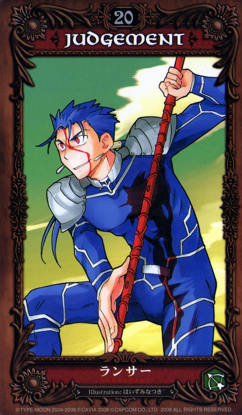 haizumi natsuki, cu chulainn (fate), cu chulainn (fate/stay night), cu chulainn (lancer) (fate), fate/stay night, fate (series), highres, scan, 00s, 1boy, blood, blood on face, card (medium), character name, gae bolg (fate), judgement (tarot), male focus, polearm, solo, spear, tarot, tarot (medium), weapon