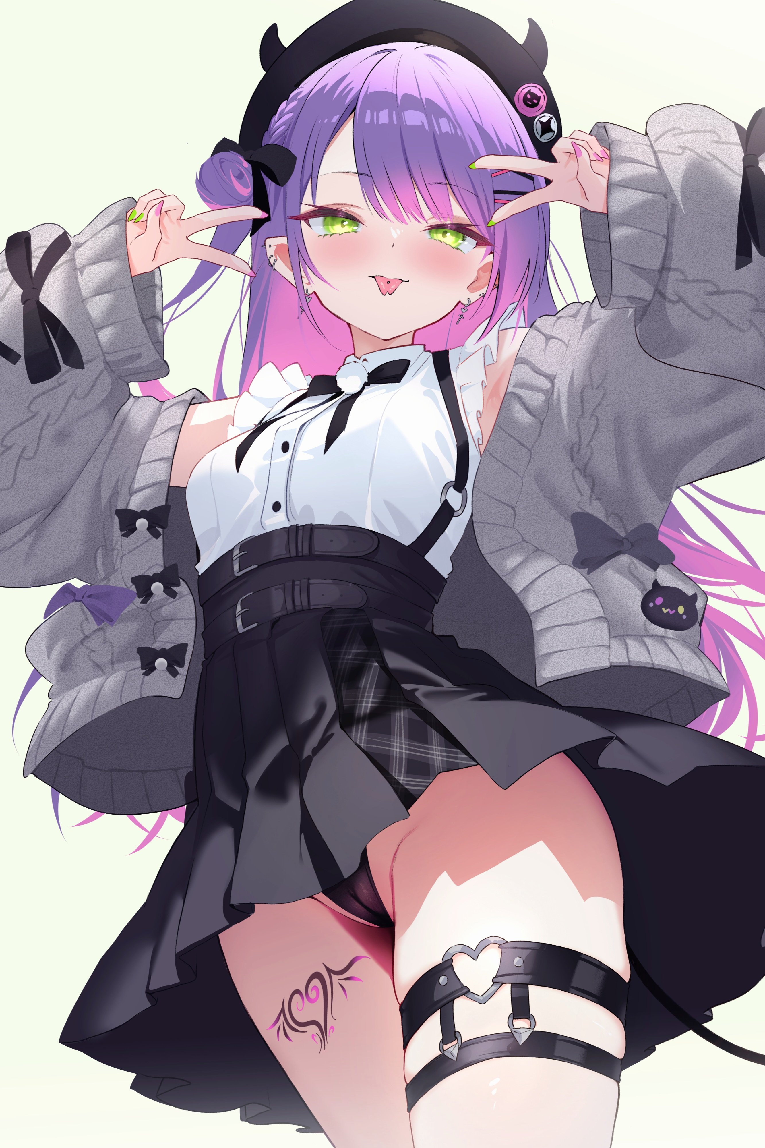 kladd, tokoyami towa, tokoyami towa (jirai kei), hololive, absurdres, highres, 1girl, armpits, beret, blouse, cameltoe, cardigan, demon tail, double v, earrings, forked tongue, green eyes, hair bun, hat, jewelry, leg tattoo, long hair, multiple earrings, official alternate costume, pointy ears, purple hair, shirt, simple background, single hair bun, skirt, solo, tail, tattoo, thigh strap, tongue, v, virtual youtuber, white background