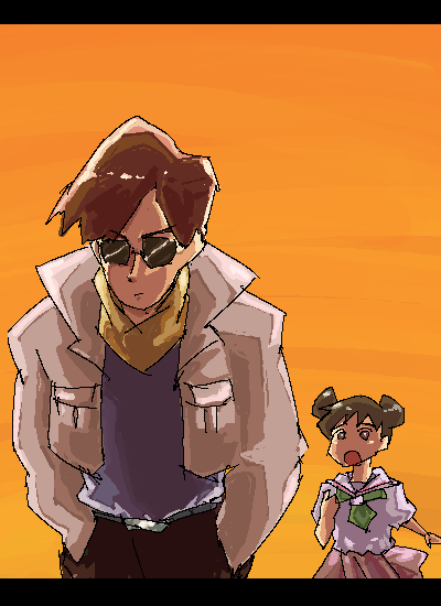 ako (hoshiya 830), hoshi man, action kamen, sakura mimiko, crayon shin-chan, bad id, bad pixiv id, 1boy, 1girl, age difference, brown hair, hands in pockets, jacket, letterboxed, open mouth, pants, sad, scarf, school uniform, serafuku, serious, short hair, simple background, sunglasses, sweater, walking away