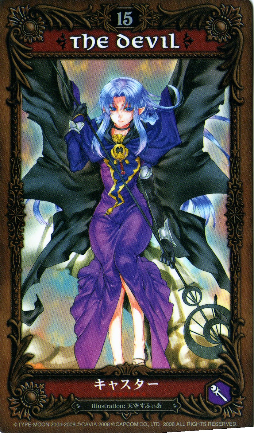tenkuu sphere, medea (caster) (fate), medea (fate), fate/stay night, fate (series), highres, scan, 00s, 1girl, blue eyes, blue hair, braid, cape, card (medium), dress, elbow gloves, female focus, gloves, hecate's staff (fate), long hair, matching hair/eyes, pointy ears, solo, staff, tarot, tarot (medium), the devil (tarot)
