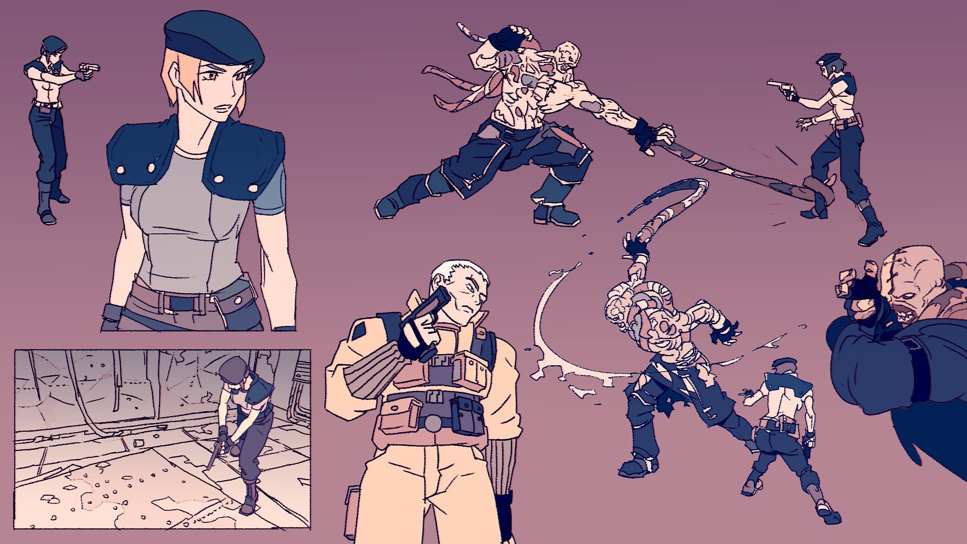 vitaliy shushko, jill valentine, nemesis (resident evil), nikolai zinoviev, resident evil, resident evil 3: nemesis, highres, 1girl, 2boys, beret, black gloves, fingerless gloves, gloves, gun, handgun, hat, holding, holding gun, holding weapon, multiple boys, multiple views, shirt, shoulder pads, tentacles, weapon