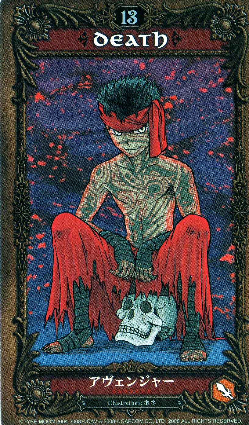 angra mainyu (fate), fate/hollow ataraxia, fate/stay night, fate (series), highres, scan, 00s, 1boy, card (medium), character name, death (tarot), full-body tattoo, male focus, skull, solo, tarot, tarot (medium), tattoo, topless male