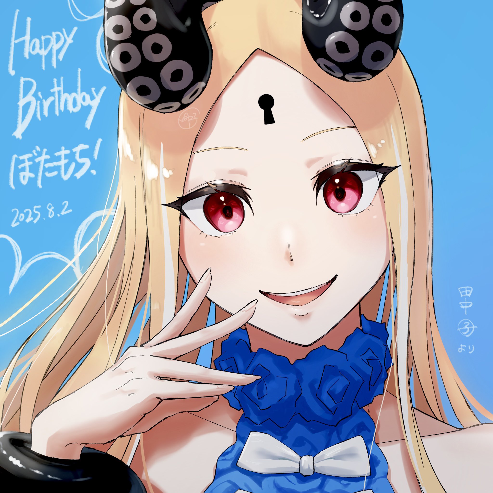 abigail williams (celebratory attire) (fate), abigail williams (fate), fate/grand order, fate (series), commentary request, highres, translation request, 1girl, black horns, blonde hair, blue background, borrowed character, bow, dated, facial mark, forehead mark, hand up, happy birthday, horns, long hair, looking at viewer, open mouth, portrait, red eyes, signature, simple background, smile, solo, tnkmrcap, white bow
