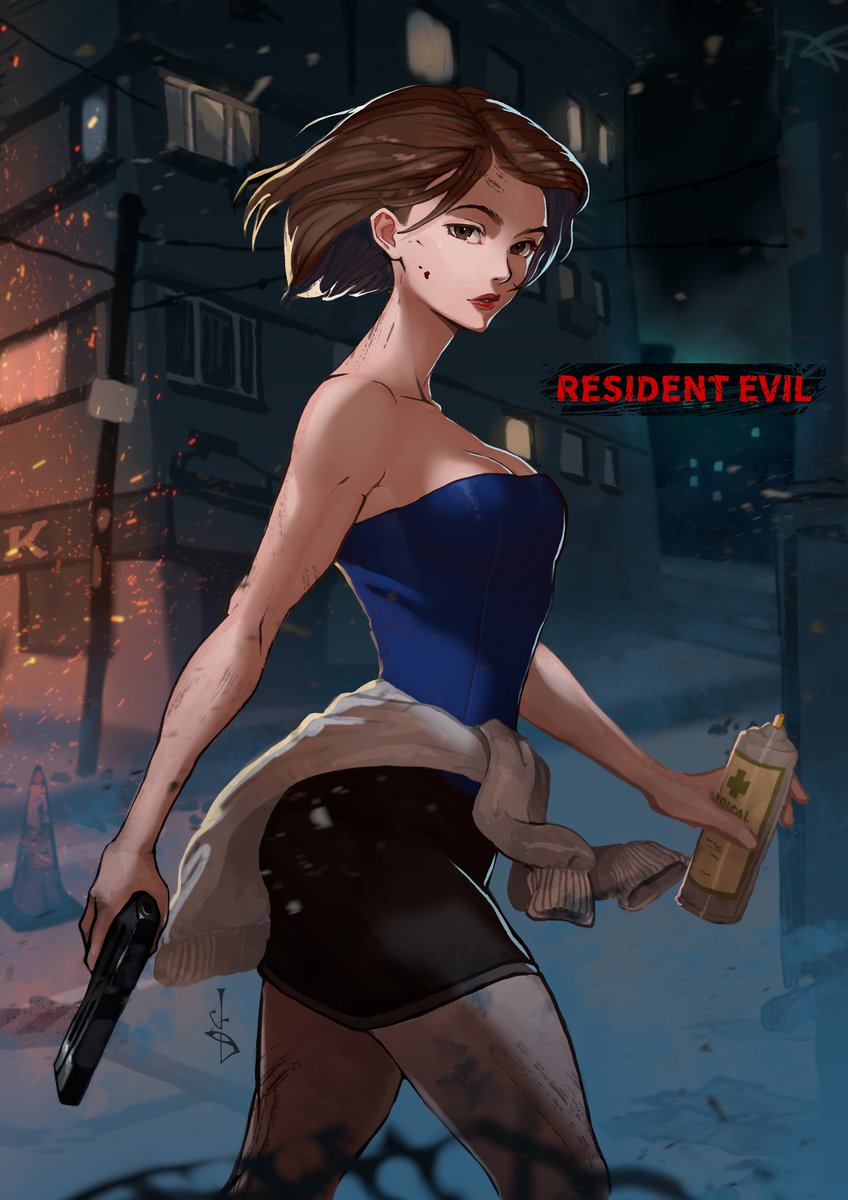 fumezu1, jill valentine, resident evil, resident evil 3: nemesis, highres, 1girl, black skirt, blue tube top, breasts, brown hair, cleavage, clothes around waist, copyright name, gun, handgun, holding, holding gun, holding weapon, miniskirt, signature, skirt, strapless, sweater, sweater around waist, tube top, weapon