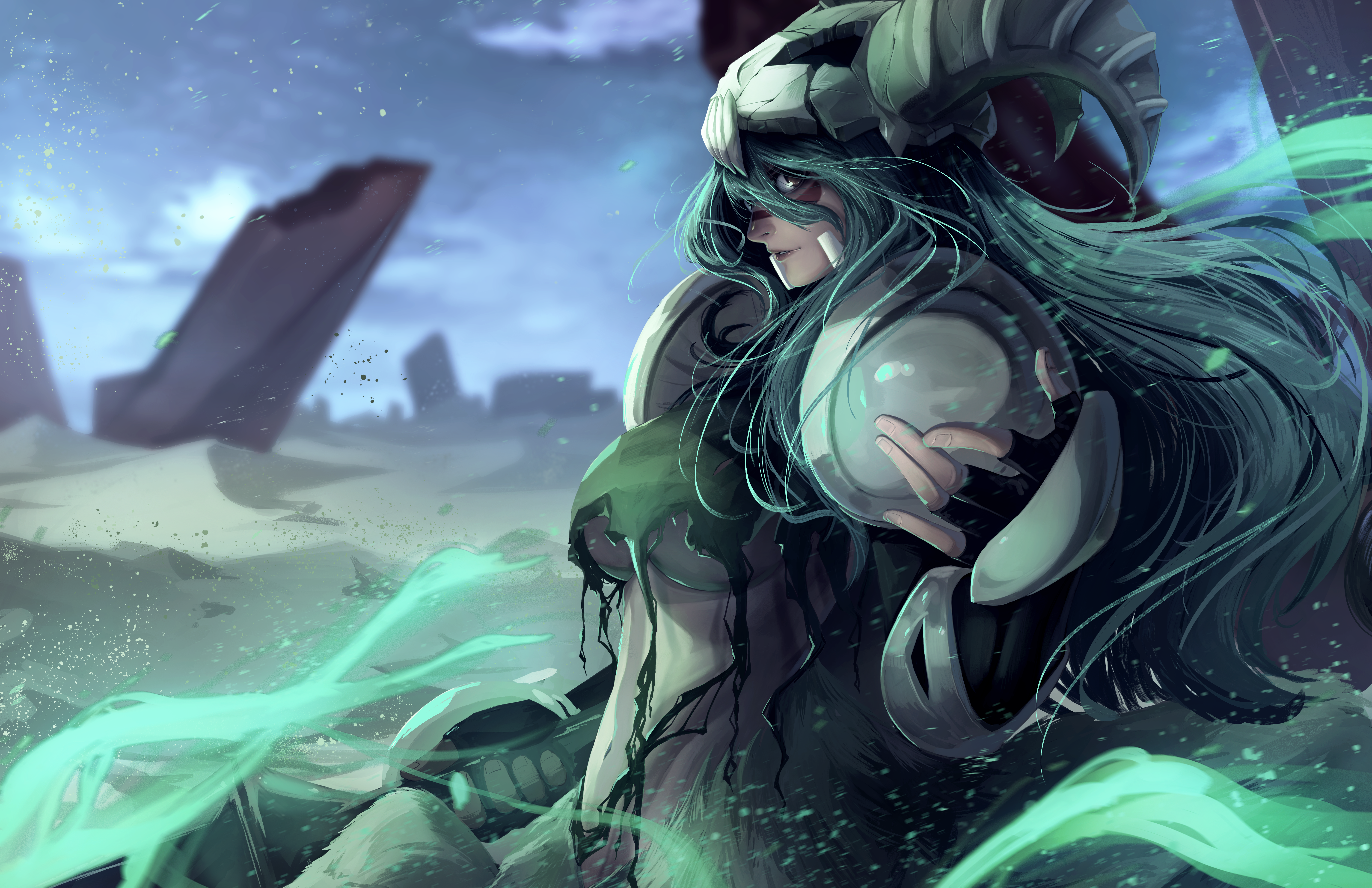 jesse schickler, nelliel tu odelschwanck, bleach, absurdres, commentary, english commentary, highres, 1girl, armor, black gloves, breasts, centaur, cloud, cloudy sky, cowboy shot, crop top, cropped shirt, desert, elbow gloves, facial mark, fingerless gloves, floating hair, gauntlets, gloves, green hair, green shirt, hair between eyes, hand up, holding, holding polearm, holding weapon, lance, large breasts, long hair, looking at viewer, multiple legs, navel, outdoors, parted lips, polearm, profile, shirt, shoulder armor, sidelocks, skull, skull on head, sky, smile, solo, standing, standing on three legs, stomach, taur, torn clothes, torn shirt, underboob, weapon, yellow eyes