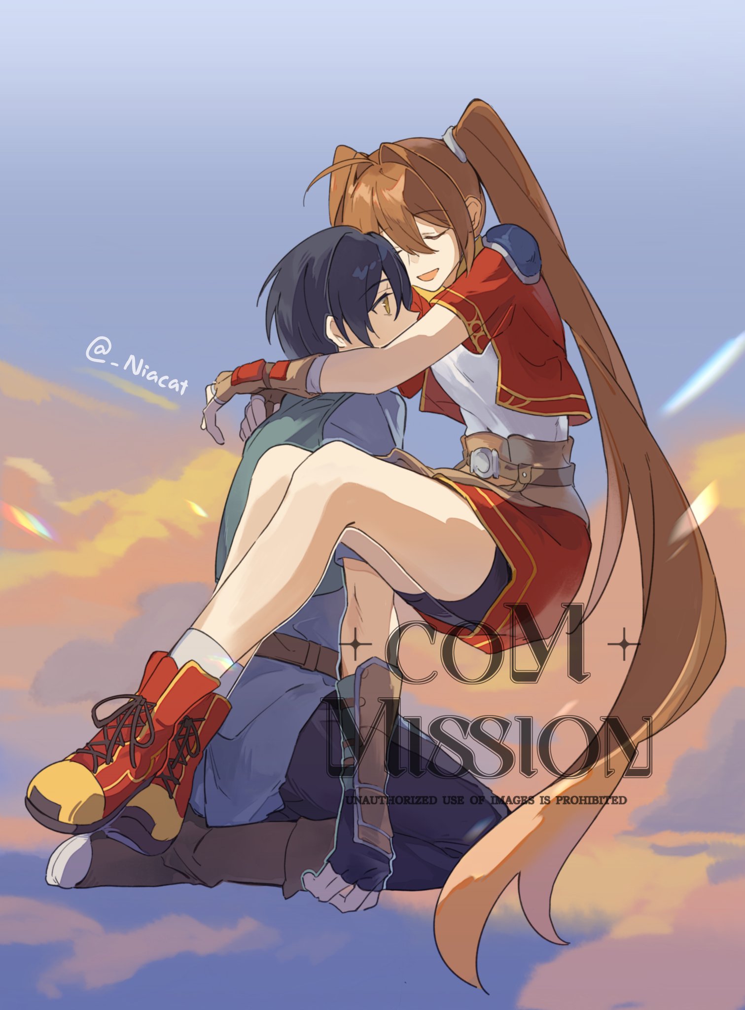 s071c4evkc56194, estelle bright, joshua bright, eiyuu densetsu, sora no kiseki, commission, highres, 1boy, 1girl, ahoge, antenna hair, arm guards, bike shorts, bike shorts under skirt, black gloves, black hair, blue sky, boots, brown gloves, brown hair, closed eyes, cloud, cropped jacket, double-parted bangs, english text, fingerless gloves, floating hair, gloves, hair between eyes, hair intakes, hug, kneeling, long hair, open mouth, shoes, short hair, short sleeves, shorts, shorts under skirt, skirt, sky, smile, sneakers, twintails, twitter username, very long hair, watermark
