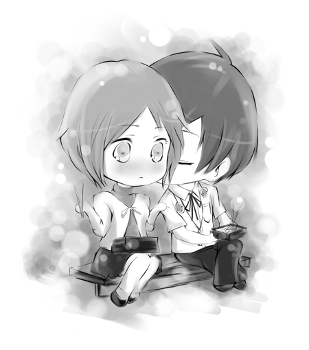 oglee, yamagishi fuuka, yuuki makoto (persona 3), atlus, persona, persona 3, bad id, bad pixiv id, 1boy, 1girl, bench, bento, blush, chopsticks, couple, greyscale, headphones, hetero, kiss, monochrome