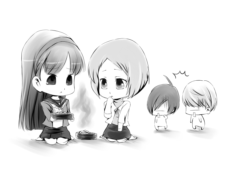 oglee, amagi yukiko, narukami yu, yamagishi fuuka, yuuki makoto (persona 3), atlus, persona, persona 3, persona 4, bad id, bad pixiv id, 2boys, 2girls, ^^^, bad food, chibi, failure, greyscale, monochrome, multiple boys, multiple girls