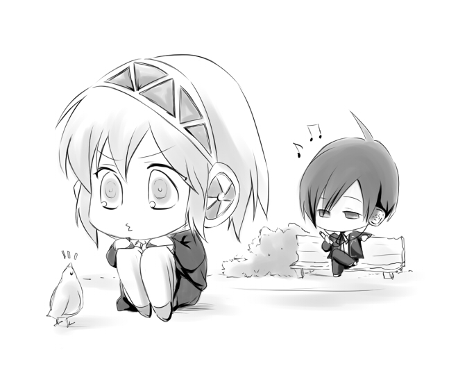 oglee, aigis (persona), yuuki makoto (persona 3), atlus, persona, persona 3, android, bird, chibi, digital media player, digital walkman, greyscale, headphones, monochrome, musical note, school uniform, walkman nw-s203f
