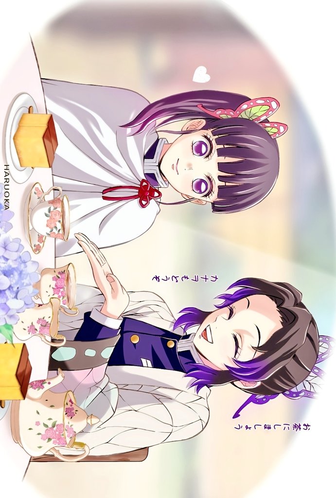 kochou shinobu, tsuyuri kanao, kimetsu no yaiba, 2girls, animal print, artist name, black jacket, blunt bangs, butterfly hair ornament, butterfly print, cloak, closed eyes, closed mouth, cup, demon slayer uniform, gold buttons, hair ornament, haori, haruoka, jacket, japanese clothes, long hair, multiple girls, open mouth, parted bangs, print haori, purple eyes, side ponytail, sidelocks, smile, tea party, teacup, teapot, updo, upper body, white cloak