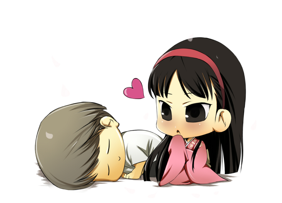 oglee, amagi yukiko, narukami yu, atlus, persona, persona 4, blush, chibi, closed eyes, hairband, heart, japanese clothes, kimono, sleeping