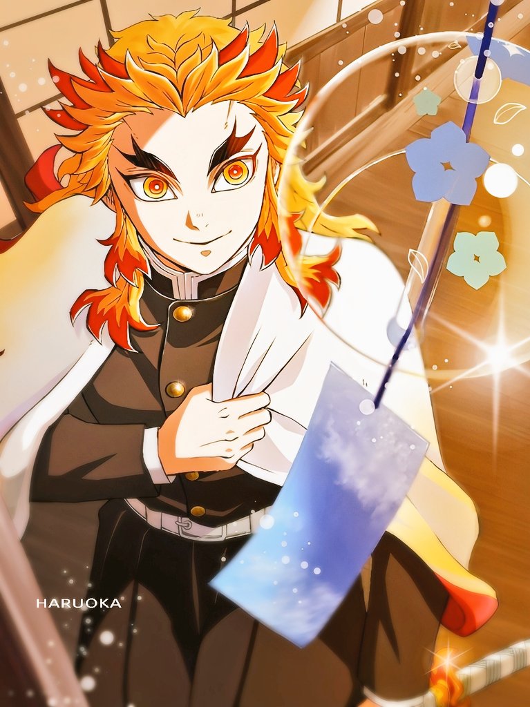 rengoku kyoujurou, kimetsu no yaiba, 1boy, artist name, belt, black hakama, black jacket, blonde hair, closed mouth, colored tips, demon slayer uniform, forked eyebrows, from above, hakama, haori, haruoka, holding, holding sword, holding weapon, jacket, japanese clothes, katana, long hair, male focus, multicolored hair, orange eyes, red hair, sidelocks, smile, solo, sword, weapon, white belt, white haori