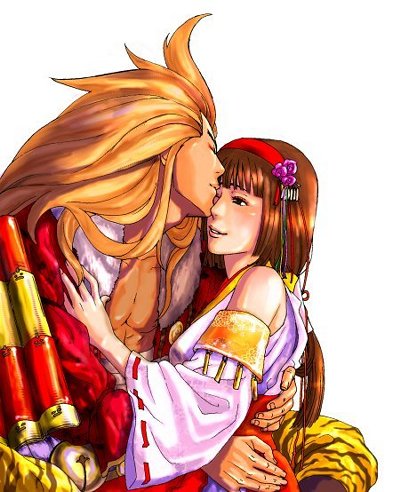gomoku123, shimo (gomoku123), maeda keiji, maeda keiji (sengoku musou), okuni, sengoku musou, bad id, bad pixiv id, lowres, 1boy, 1girl, animal print, armor, bare shoulders, blonde hair, brown hair, detached sleeves, hair ornament, hand on another's chest, japanese armor, japanese clothes, long hair, ribbon-trimmed sleeves, ribbon trim, short hair, shoulder armor, sode, tiger print