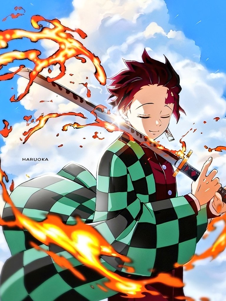 kamado tanjirou, kimetsu no yaiba, 1boy, artist name, black jacket, checkered haori, closed eyes, closed mouth, cloud, cloudy sky, demon slayer uniform, earrings, hanafuda earrings, haori, haruoka, holding, holding sword, holding weapon, jacket, japanese clothes, jewelry, katana, light smile, male focus, red hair, scar, scar on face, scar on forehead, sky, solo, sword, upper body, weapon
