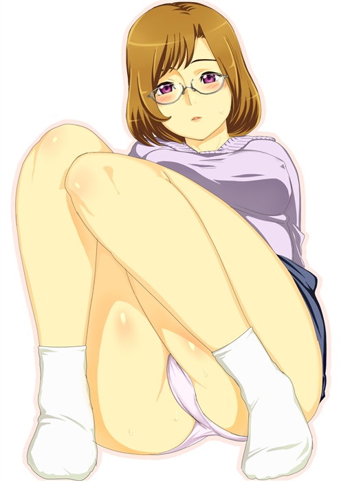 koube an, original, 1girl, arm support, ass, blush, breasts, brown hair, covered erect nipples, curvy, female focus, glasses, large breasts, legs, mature female, panties, pantyshot, plump, purple eyes, semi-rimless eyewear, short hair, sitting, socks, solo, sweat, thick thighs, thighs, under-rim eyewear, underwear, wide hips