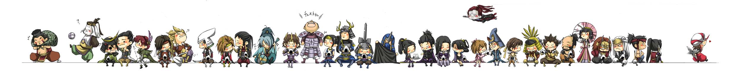 kouduki, kouzuki makoto, akechi mitsuhide (sengoku musou), azai nagamasa, azai nagamasa (sengoku musou), chosokabe motochika, chousokabe motochika (sengoku musou), date masamune, fuuma kotarou, fuuma shuriken, hattori hanzo, honda tadakatsu, hosokawa gracia, inahime, ishida mitsunari, ishida mitsunari (sengoku musou), ishikawa goemon, kunoichi (sengoku musou), maeda keiji, maeda keiji (sengoku musou), maeda toshiie, miyamoto musashi, mori ranmaru, mori ranmaru (sengoku musou), naoe kanetsugu, nene, nene (sengoku musou), nouhime, nouhime (sengoku musou), oda nobunaga, oda nobunaga (sengoku musou), oichi, oichi (sengoku musou), okuni, saika magoichi, sanada yukimura (sengoku musou), shibata katsuie, shima sakon, shimazu yoshihiro, tachibana ginchiyo, takeda shingen, takeda shingen (sengoku musou), tokugawa ieyasu, tokugawa ieyasu (sengoku musou), toyotomi hideyoshi, toyotomi hideyoshi (sengoku musou), uesugi kenshin, sengoku musou, sengoku musou 2, bad id, bad pixiv id, highres, long image, wide image, 6+boys, 6+girls, armor, bag, ball, beads, beard, black hair, blonde hair, blue hair, eating, everyone, eyepatch, facial hair, food, headband, helmet, horns, instrument, japanese armor, japanese clothes, kabuto (helmet), kusazuri, long hair, mask, multiple boys, multiple girls, ninja, onigiri, parasol, ponytail, prayer beads, red hair, samurai, shamisen, shoulder armor, shuriken, simple background, sode, umbrella, white background