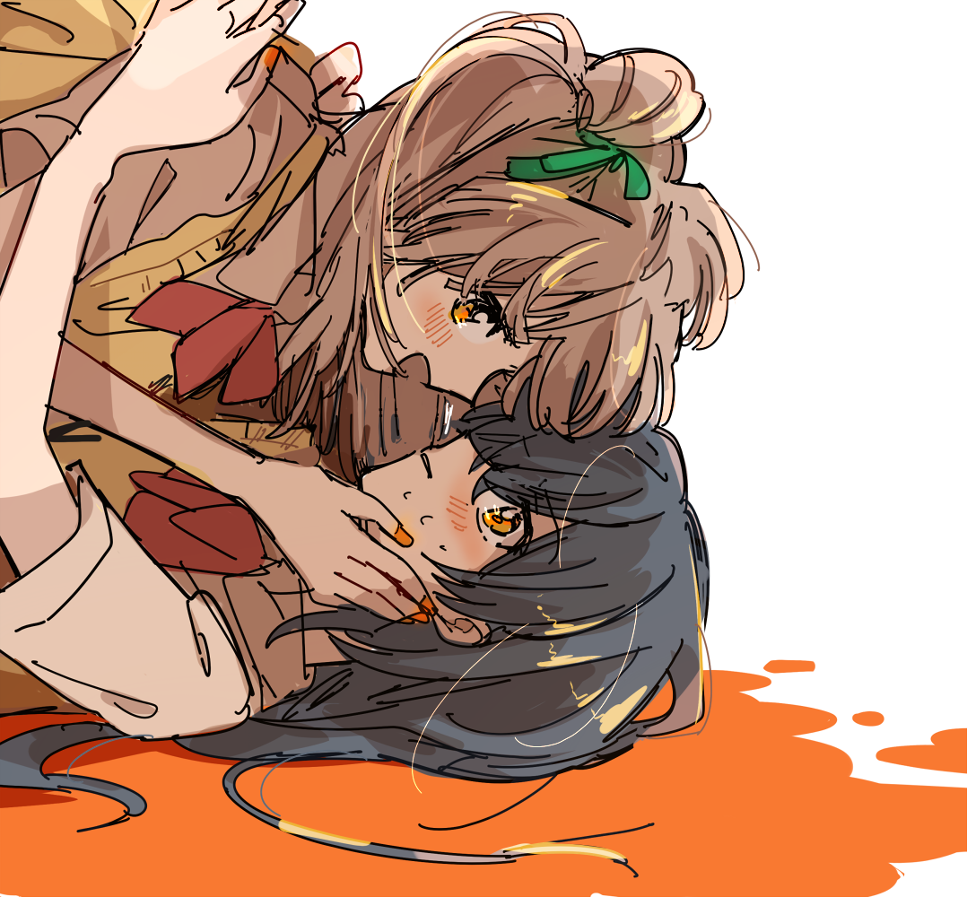 kidapipi 7, minami kotori, sonoda umi, love live!, love live! school idol project, 2girls, black hair, blush, bow, bowtie, collared shirt, green ribbon, grey hair, hair ribbon, hand on another's face, long hair, multiple girls, one side up, open mouth, orange eyes, otonokizaka school uniform, red bow, red bowtie, ribbon, school uniform, shirt, short sleeves, simple background, smile, sweatdrop, sweater vest, white background, white shirt, yellow sweater vest, yuri