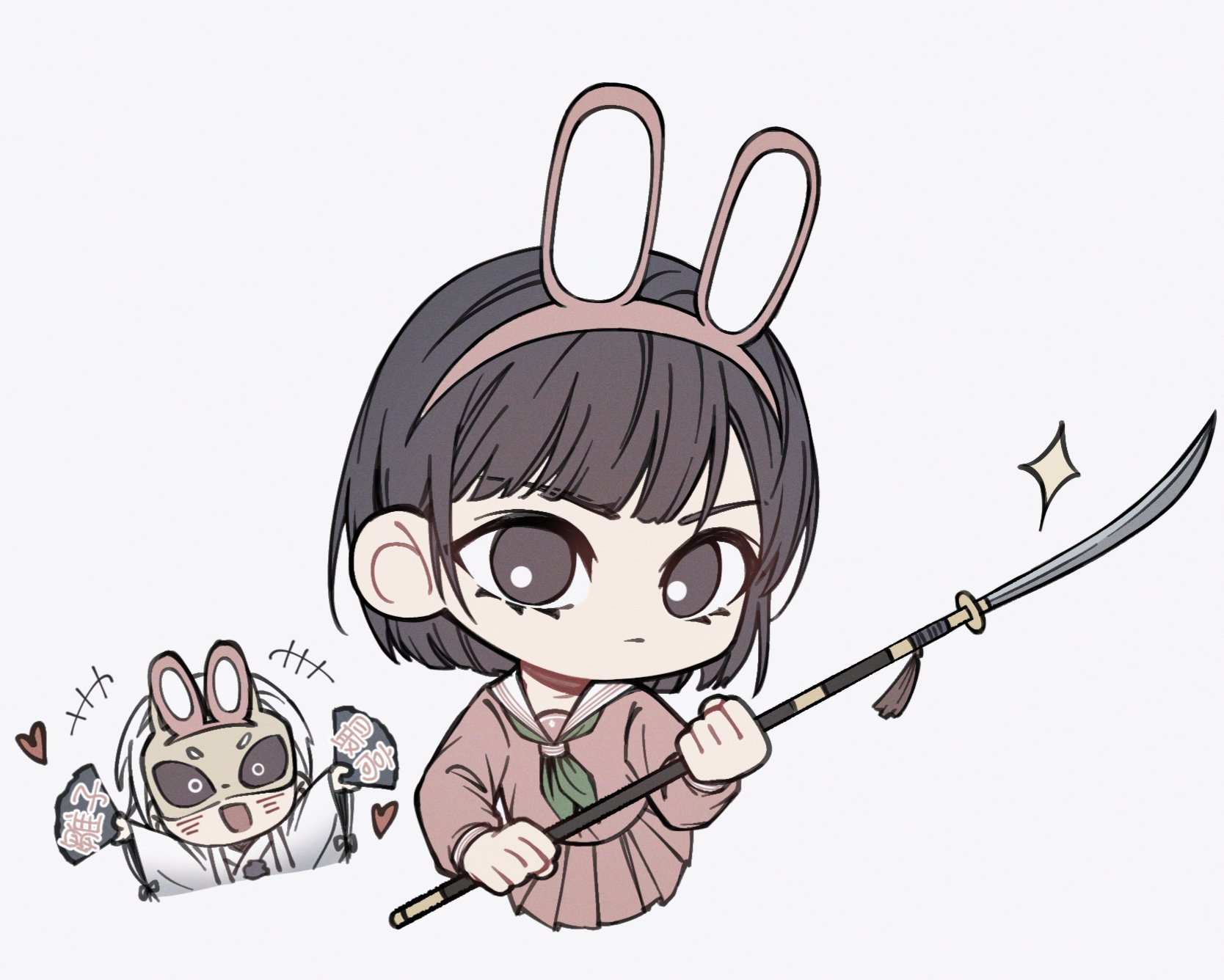 fox mask (silent hill), shimizu hinako, shimizu hinako (pink rabbit costume), silent hill (series), silent hill f, highres, 1boy, 1girl, animal ear hairband, animal ears, black hair, black sclera, blush, chibi, chibi only, colored sclera, fake animal ears, fighting stance, fox mask, green neckerchief, hairband, hand fan, holding, holding fan, holding weapon, japanese clothes, mask, neckerchief, official alternate costume, open mouth, pink hairband, pink shirt, pink skirt, rabbit ears, robe, sailor collar, school uniform, shirt, short hair, skirt, smile, sumisamuuu, weapon, white background, white hair, white robe, white sailor collar, yellow eyes