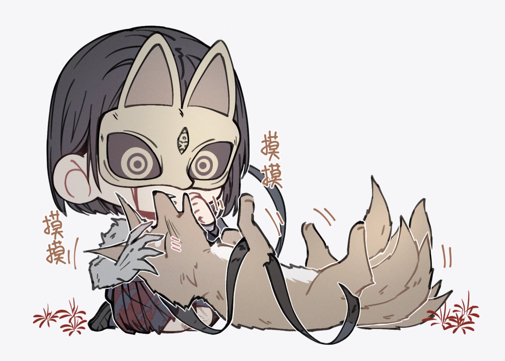 shimizu hinako, silent hill (series), silent hill f, highres, 1girl, black hair, black sclera, black serafuku, black shoes, black skirt, blood, blood on face, blush, chibi, chibi only, claws, colored sclera, fox mask, kitsune, kneeling, kyuubi, lying, mask, multiple tails, on back, pleated skirt, school uniform, serafuku, shoes, short hair, skirt, sumisamuuu, tail, white background, yellow eyes