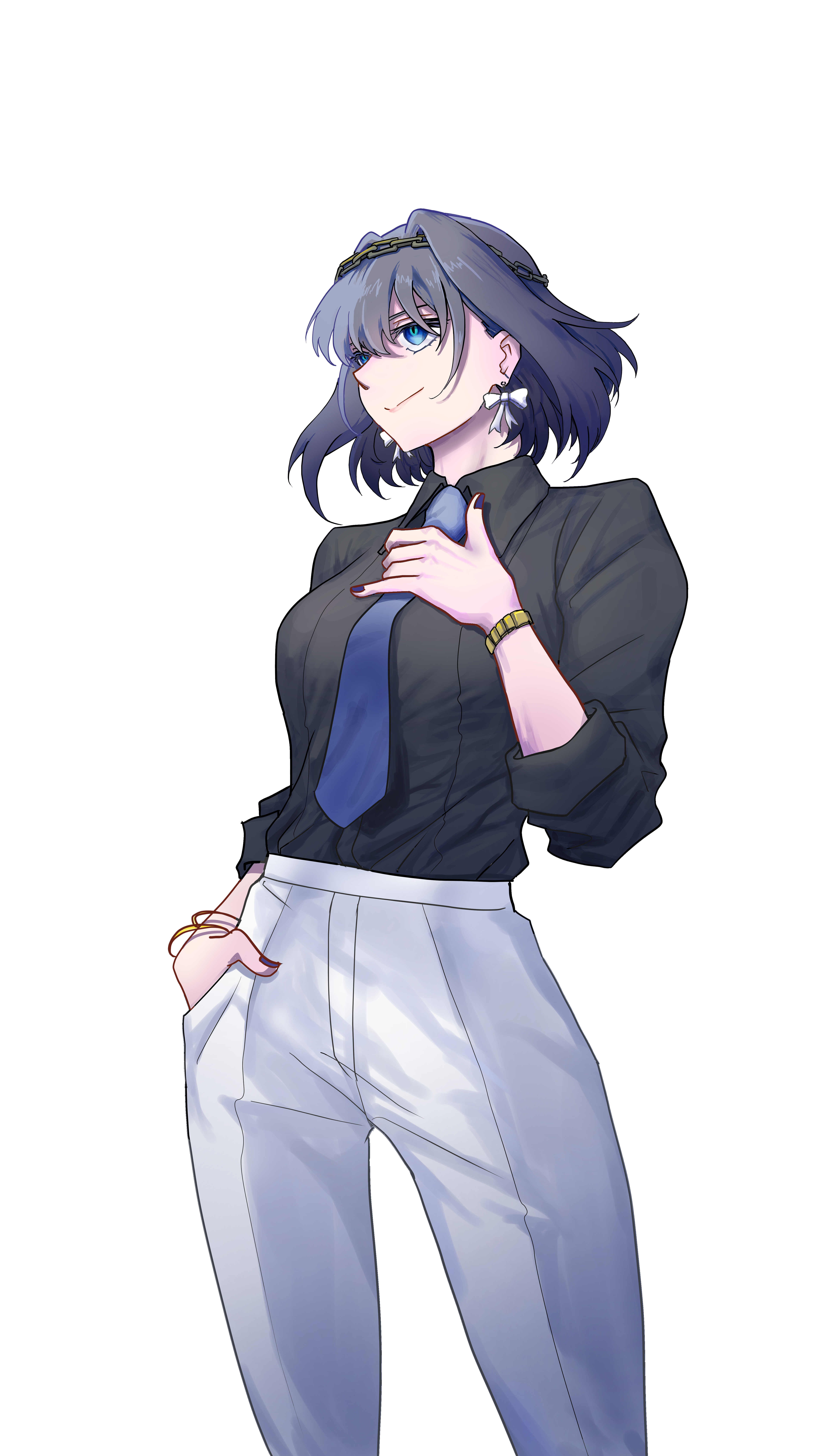 huybu51, ouro kronii, hololive, hololive english, absurdres, highres, 1girl, black shirt, blue eyes, blue hair, blue necktie, chain, closed mouth, collared shirt, fanged bangs, hair between eyes, long sleeves, necktie, pants, ribbon earrings, shirt, short hair, smile, virtual youtuber, white pants