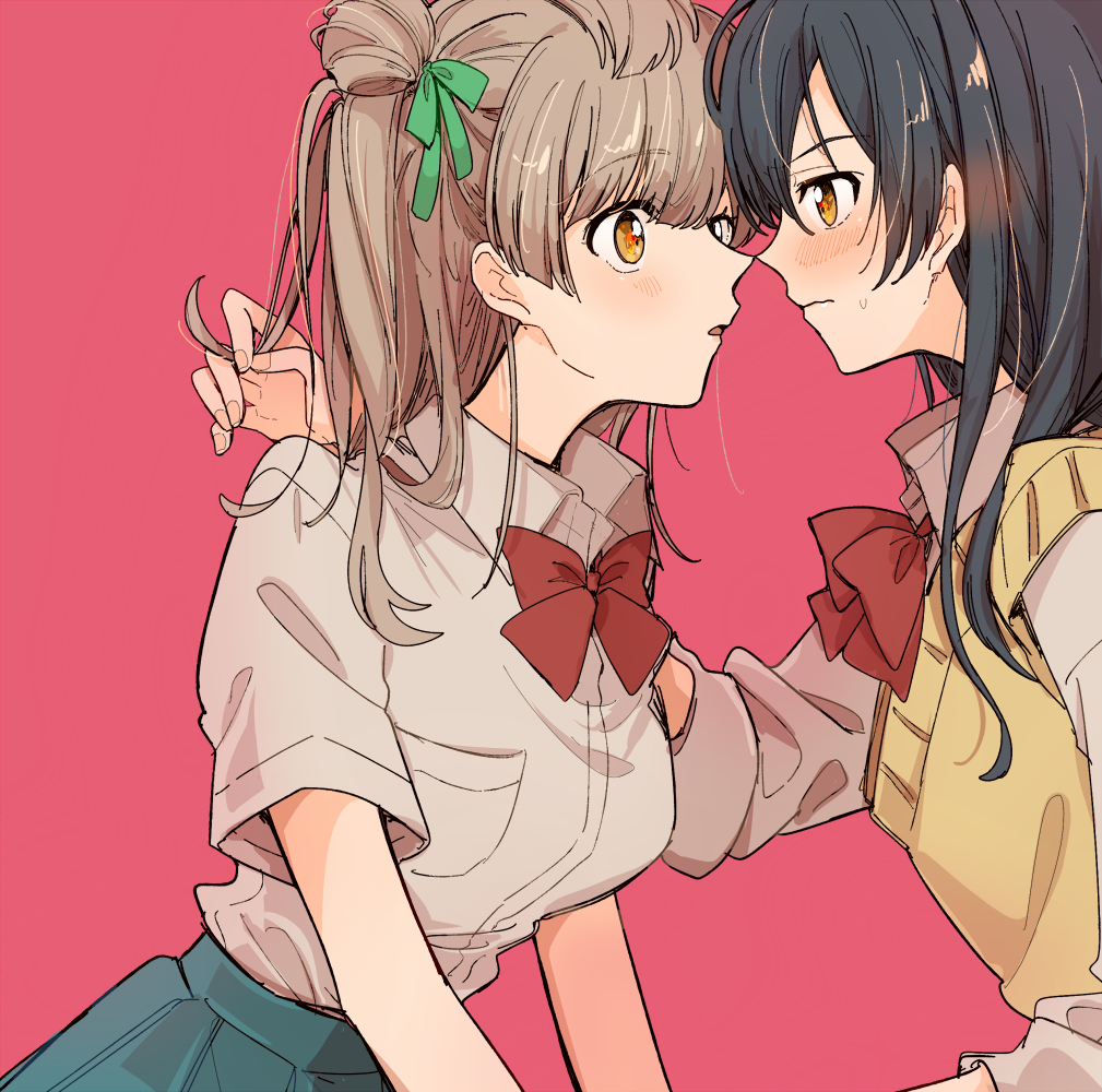 kidapipi 7, minami kotori, sonoda umi, love live!, love live! school idol project, 2girls, blue hair, blush, bow, bowtie, breast pocket, breasts, brown hair, closed mouth, eye contact, face-to-face, fingernails, from side, hair rings, holding another's hair, long hair, looking at another, multiple girls, otonokizaka school uniform, pink background, pocket, red bow, red bowtie, school uniform, shirt, short sleeves, simple background, single hair ring, summer uniform, sweater vest, white shirt, yellow eyes, yellow sweater vest, yuri