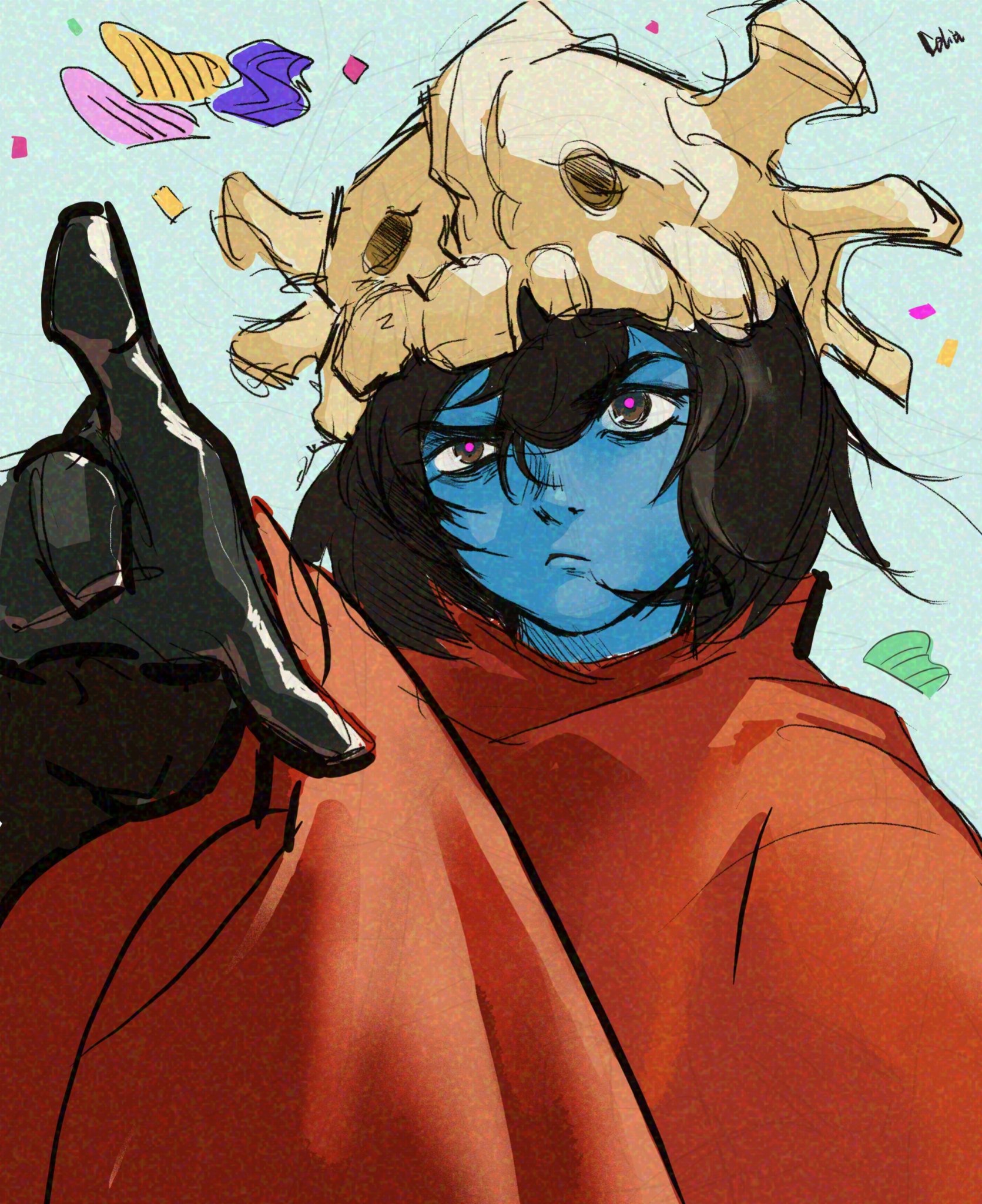 celiahoodcat, somsnosa, hylics, commentary, english commentary, highres, 1girl, abstract background, black gloves, black hair, blue background, blue skin, closed mouth, colored skin, fake horns, gloves, horned headwear, horns, hylics 2, pink pupils, pointing, red poncho, short hair, signature, sketch, skull on head, solo, upper body
