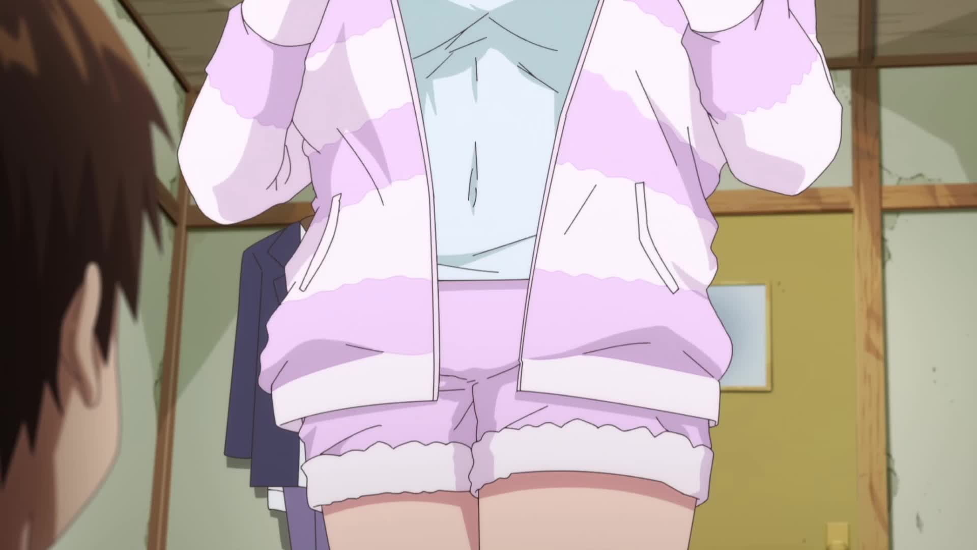 kitahara aoba, sawaranaide kotesashi-kun, animated, anime screenshot, highres, sound, tagme, video, 1girl, black hair, blue camisole, blue eyes, blue hair, breasts, camisole, cleavage, collarbone, gradient hair, jacket, large breasts, medium hair, multicolored hair, pink jacket, pink shorts, shorts, sleeveless, smile, thighs, undressing