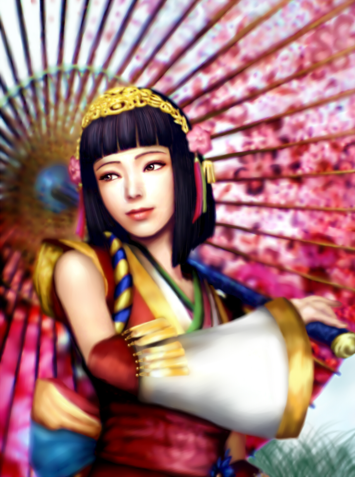 nawo, okuni, sengoku musou, sengoku musou 2, bad id, bad pixiv id, highres, 1girl, bare shoulders, black hair, brown eyes, female focus, hair ornament, oil-paper umbrella, short hair, solo, umbrella