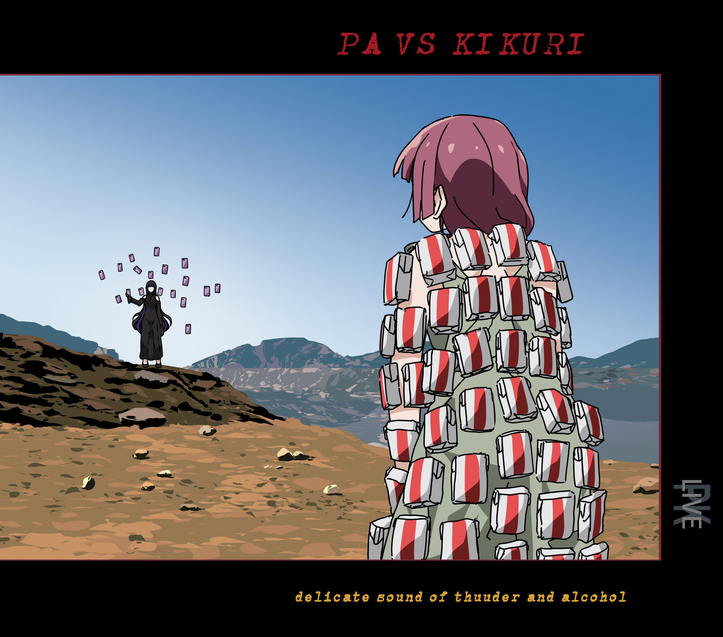 goumonsha, hiroi kikuri, pa-san, bocchi the rock!, pink floyd, commentary, derivative work, highres, 2girls, album cover redraw, album name, alcohol carton, black border, black dress, black hair, blue sky, border, cellphone, character name, day, dirt, dress, floating, floating object, green dress, long dress, long hair, long sleeves, mountain, mountainous horizon, multiple girls, outdoors, parody, phone, purple hair, rock, sky, sleeveless, sleeveless dress, smartphone, standing, very long hair