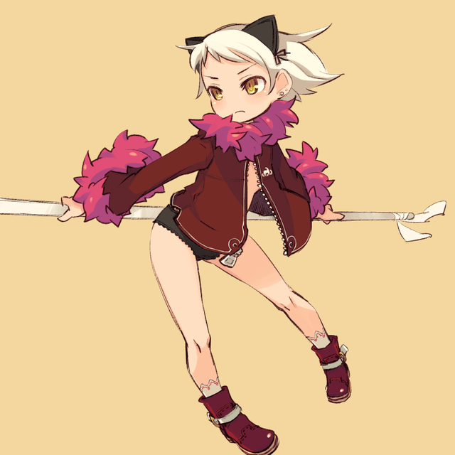 mota, animal ears, black panties, boots, bottomless, cat ears, jacket, lingerie, no bra, no pants, panties, solo, underwear, white hair, yellow eyes