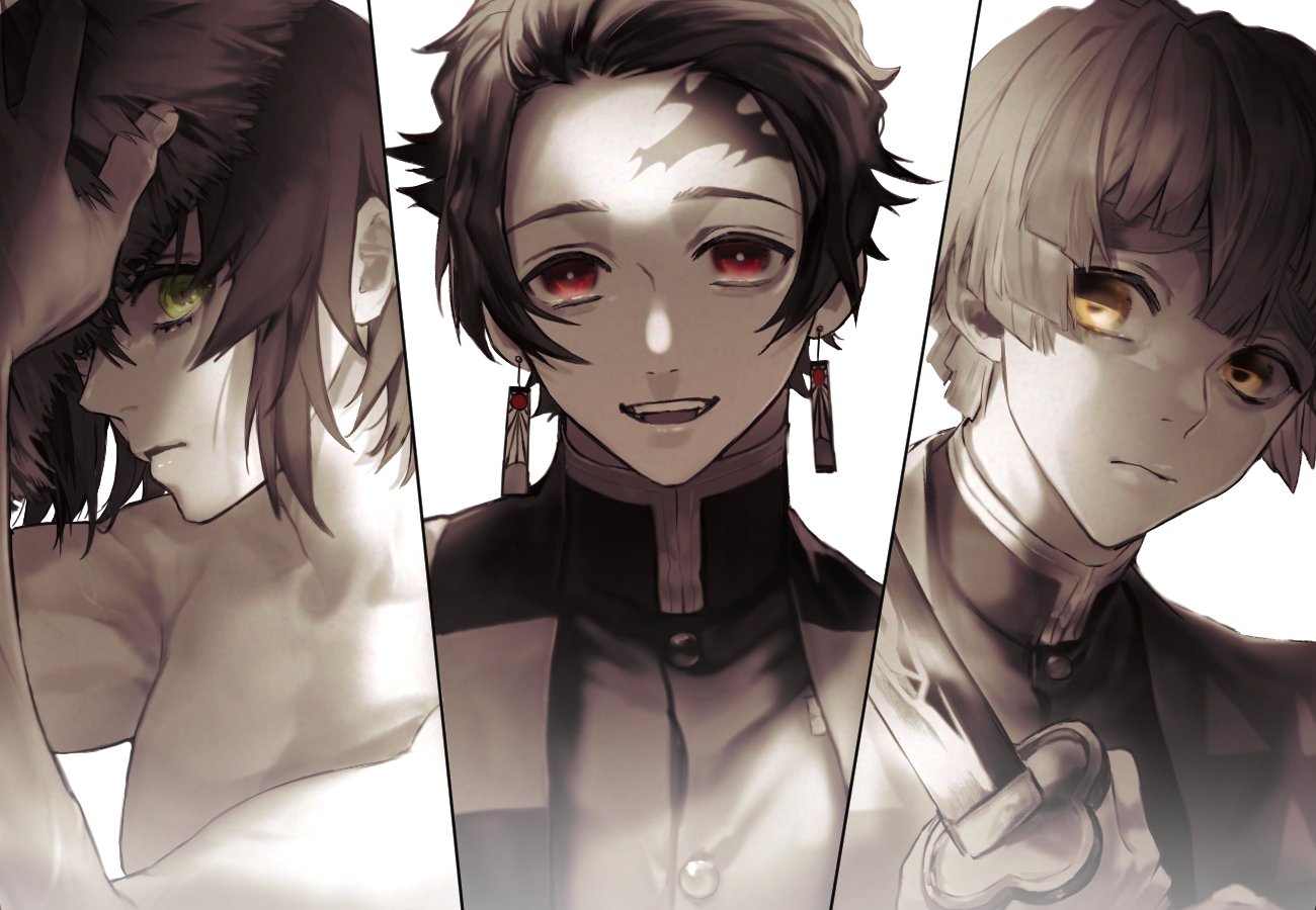 ttthasyu, agatsuma zenitsu, hashibira inosuke, kamado tanjirou, kimetsu no yaiba, 3boys, black hair, black jacket, blunt bangs, blunt ends, boar mask, closed mouth, demon slayer uniform, earrings, hair between eyes, hanafuda earrings, holding, holding sword, holding weapon, jacket, jewelry, katana, male focus, multiple boys, open mouth, parted bangs, red eyes, scar, scar on face, scar on forehead, short hair, smile, sword, topless male, upper body, weapon, white background, yellow eyes
